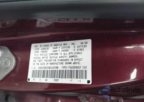 2008 Honda Accord 2.4 Lx из США, поврежденный, VIN 1HGCP26318A145786